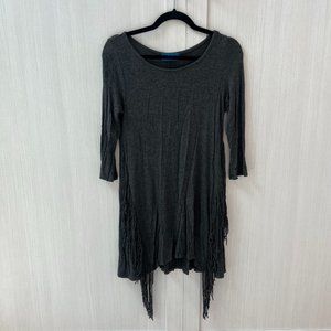 Grey Fringe Long Sleeve Shirt Dress